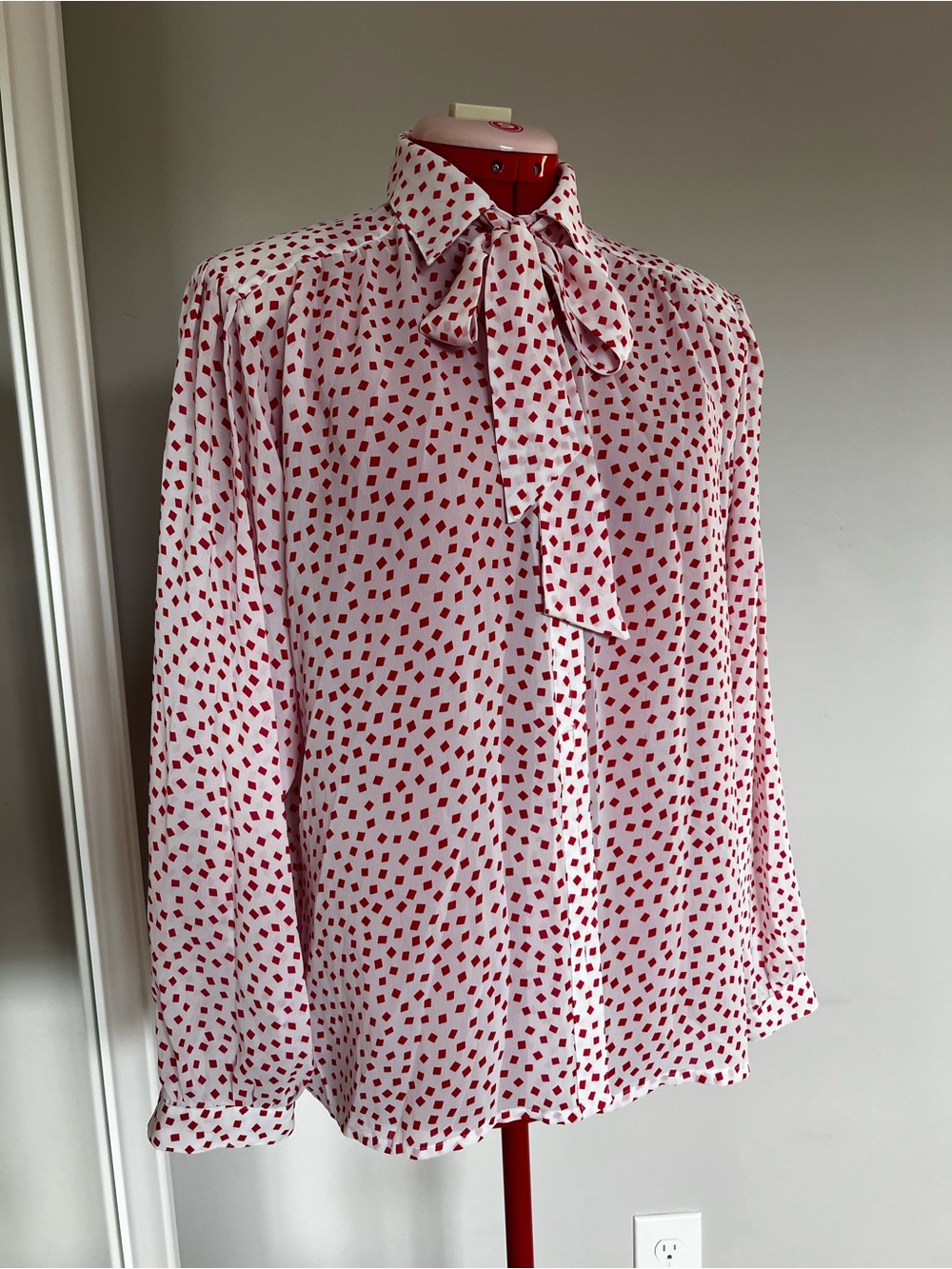 Women's White Tie-Neck Blouse with Red Dot Print